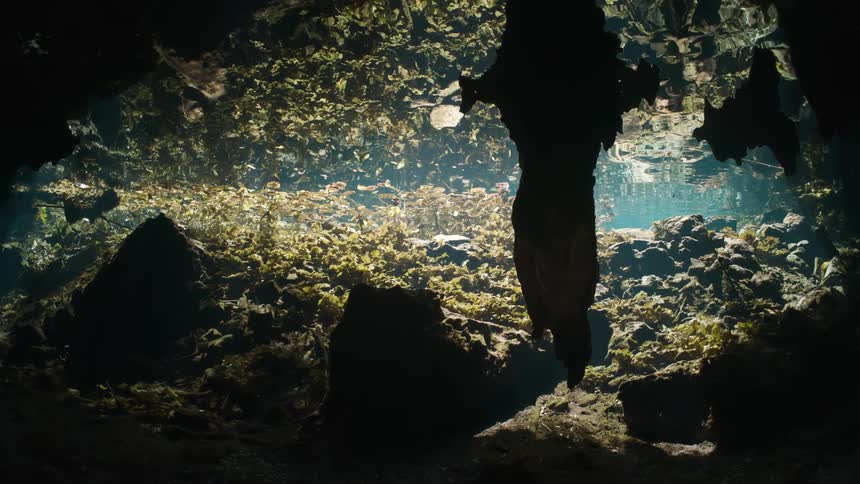 An underwater cave with several rocks and stalictites