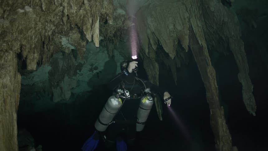 A person with diving equipment and flashlights underwater in a rock cave