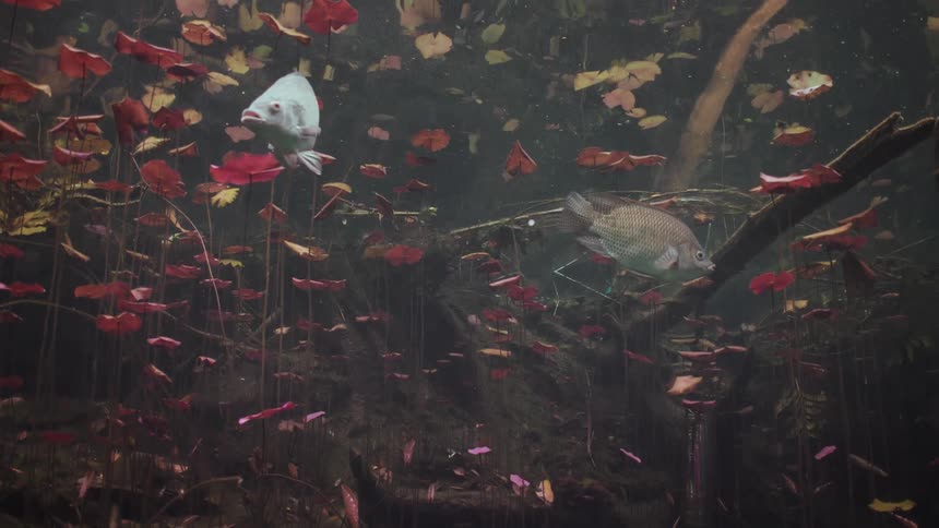 Two fish swimming in a lake with aquatic plants