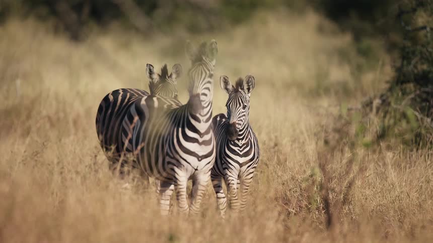 Group of three zebras of different sizes in the jungle