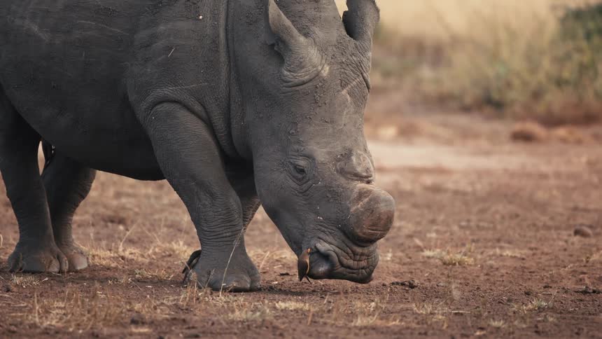 A rhinoceros stands on dry ground birds clinging to its skin