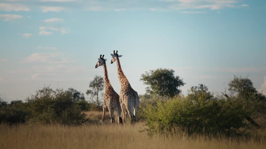 Two giraffes walking in a field with their heads high above the trees