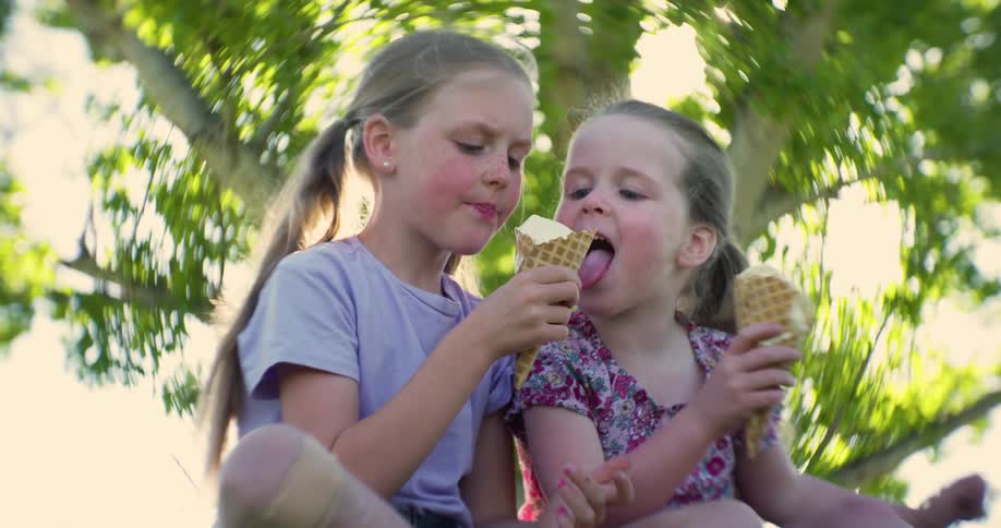 Two young girls eat ice cream one tries to lick the others ice cream and both girls laugh