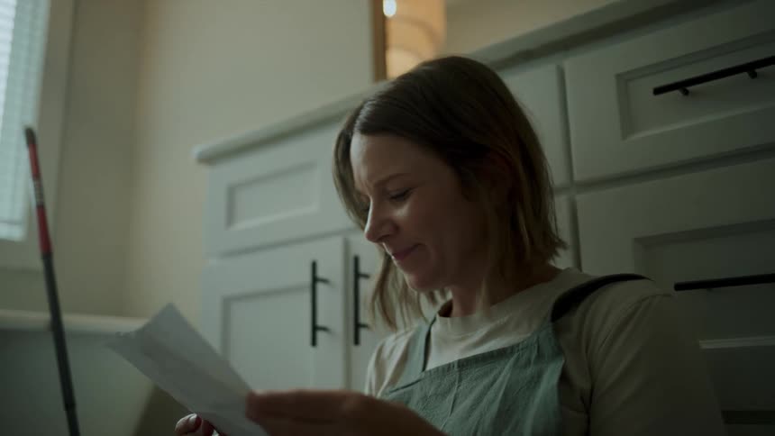 A woman reads a letter and smiles