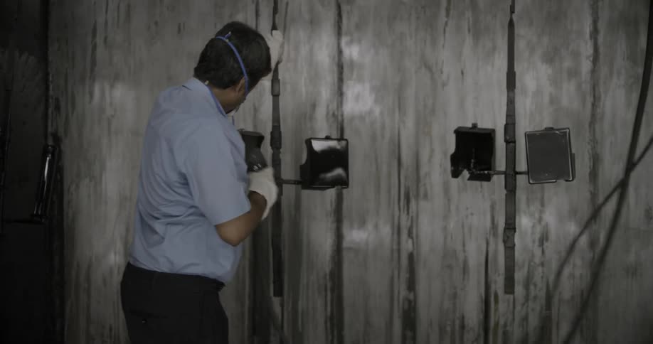 A man spray paints metal pieces in a factory setting