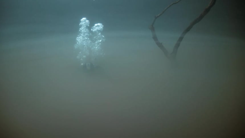 Scuba diver disappears into murky layer of water while diving deeper