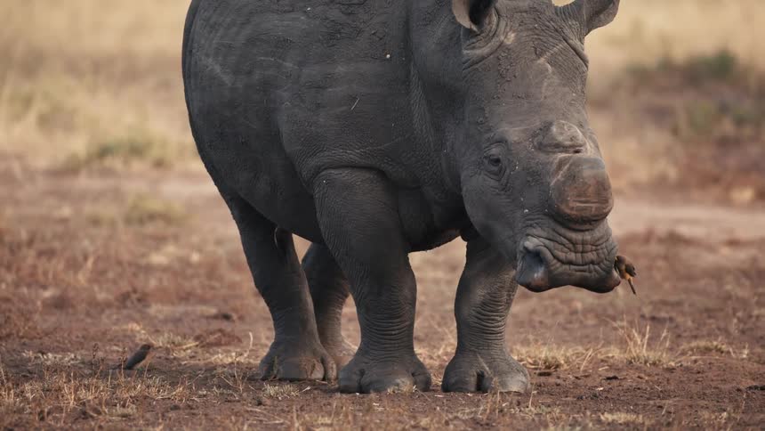 A lone rhinoceros slowly