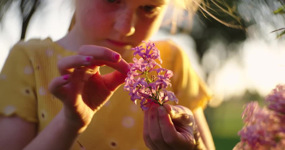 Young girl closely examines the individual flowers on a small branch while standing outdoors