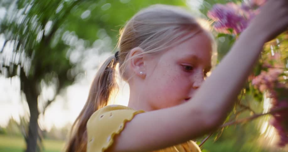 Portrait of a blonde girl with her hands in pink flowers in a field