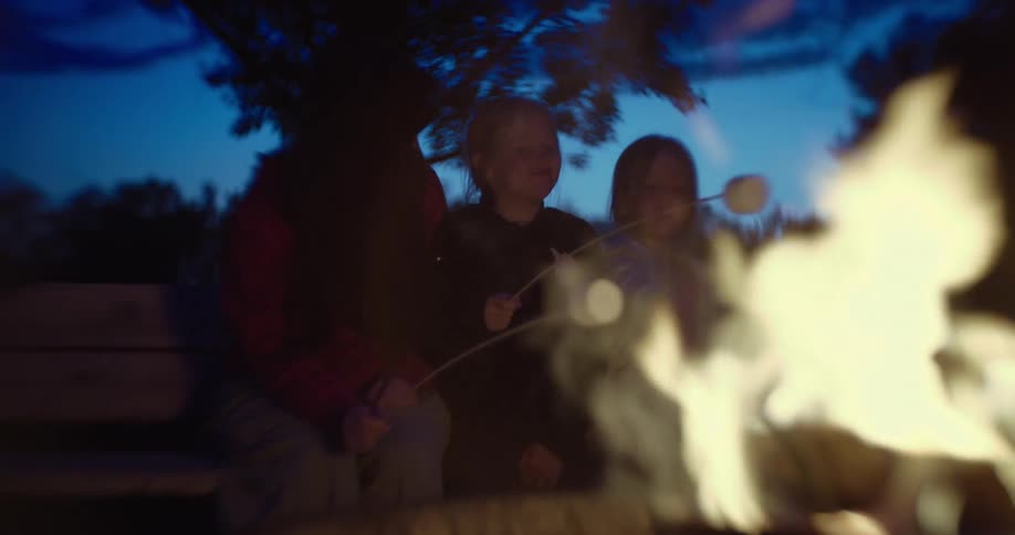 Mother with her two daughters making a marshmallow on a bonfire in an outdoor setting