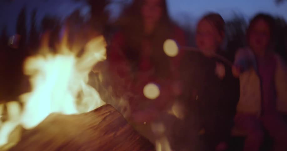 Mother sitting with her two young daughters roasting a marshmallow over a campfire