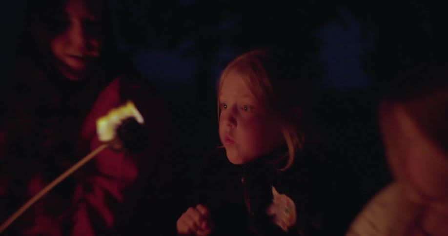 A child blows out the fire on a roasting marshmallow