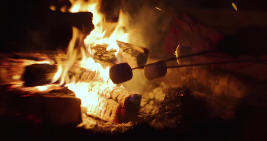 Toasting marshmallows over a campfire at night