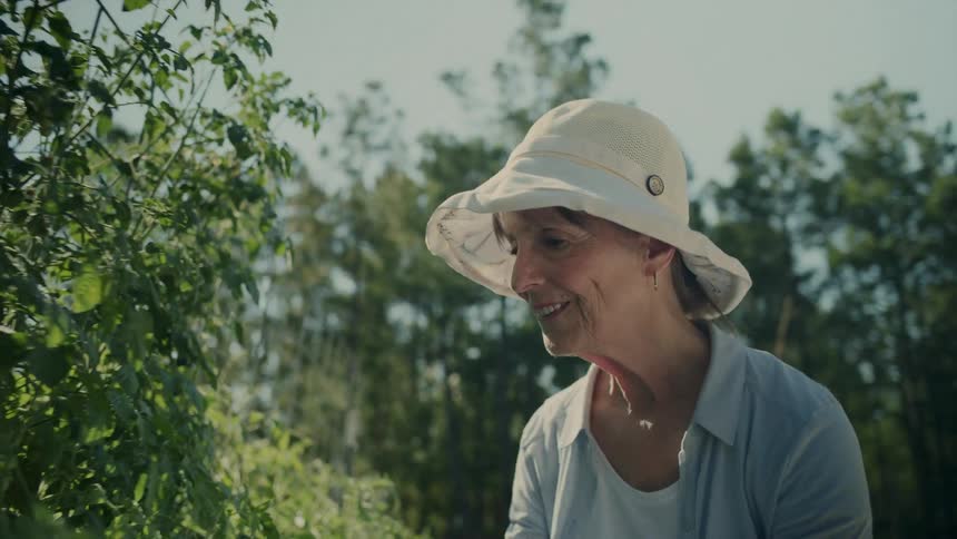 The face of a lady who is smiling wearing a hat and she picks an apple from a plant