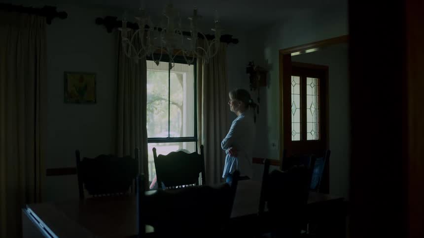 Woman standing in a dark room looking out the window