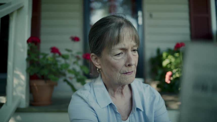 Portrait of a woman sitting reading a newspaper in front of her house