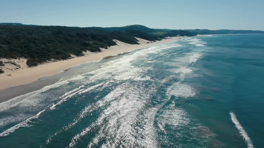 Aerial landscape of a vast ocean with a sandy shore and a wooded coast