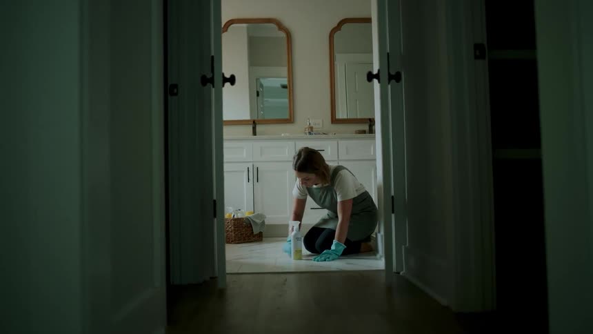 A woman is cleaning the bathroom floor