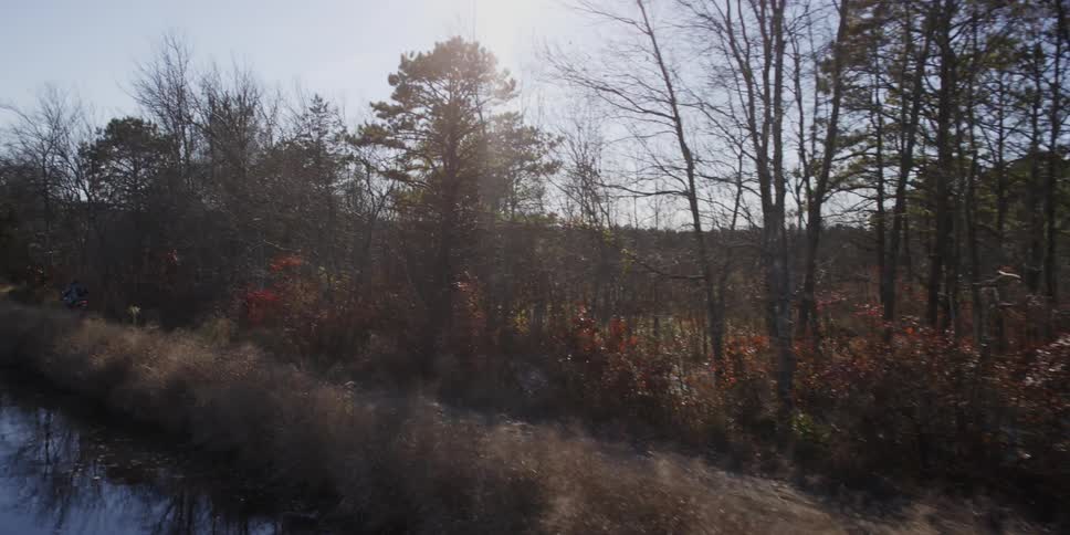 Person riding a bike on a path next to water and woods
