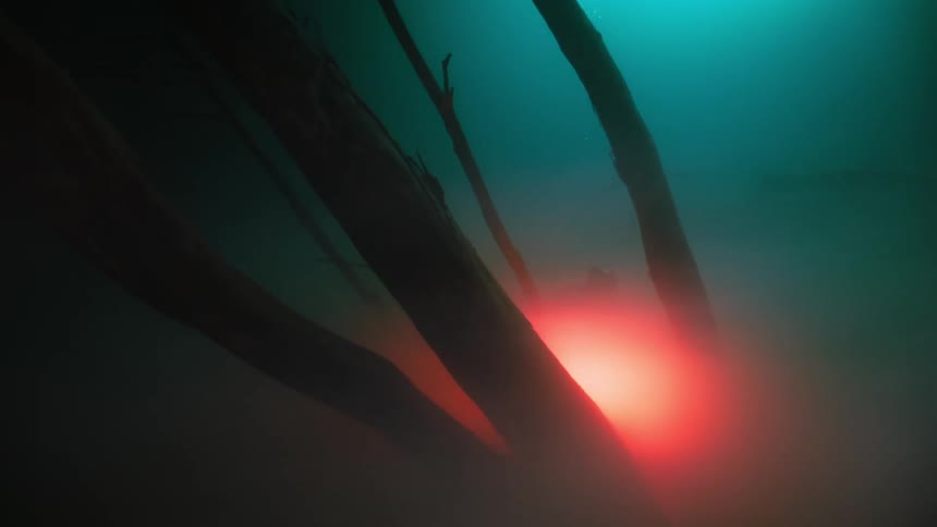 Diver near a red light at the bottom of an ocean with logs around it