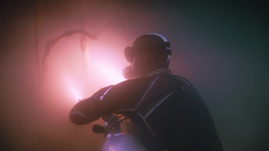 Diver using a red light underwater