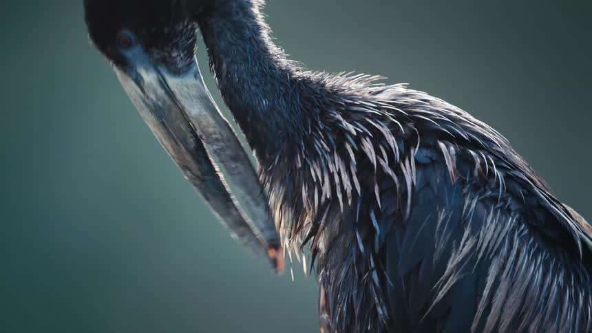 Closeup of a dark colored bird with wet feathers cleaning itself