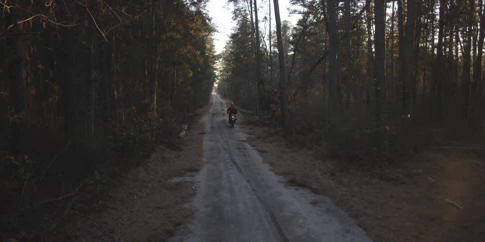 A motorcycle races down a dirt road in the forest