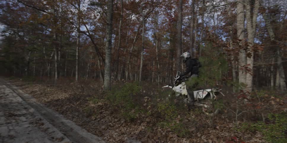 A person is riding a motorcycle out of a wooded area and onto a dirt road