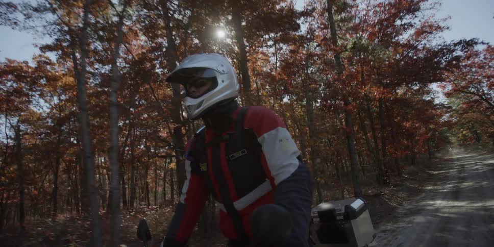 A man rides down a woodland road on a motorcycle