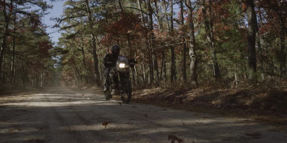 A motorcyclist rides down a dirt forest road