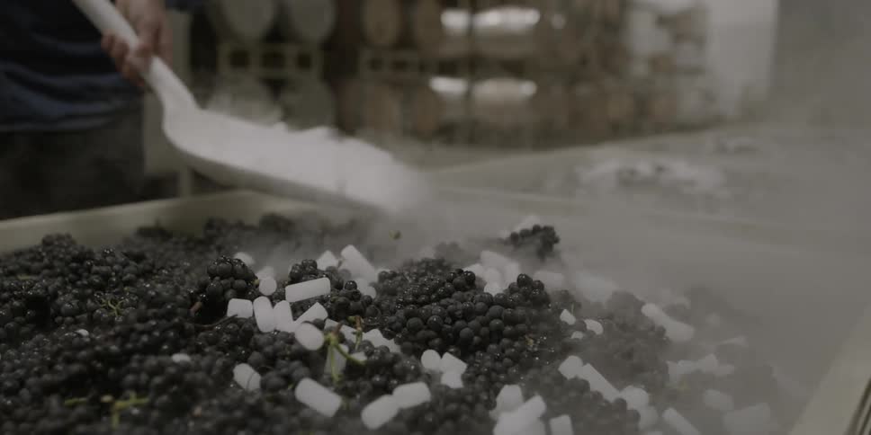A man shovels smoking ice onto vegetables