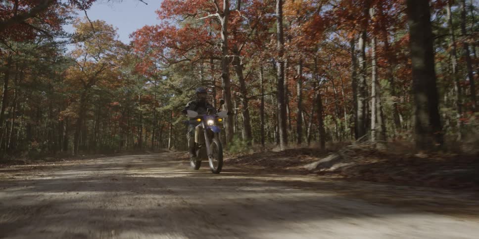 A man rides a motorbike through the woods