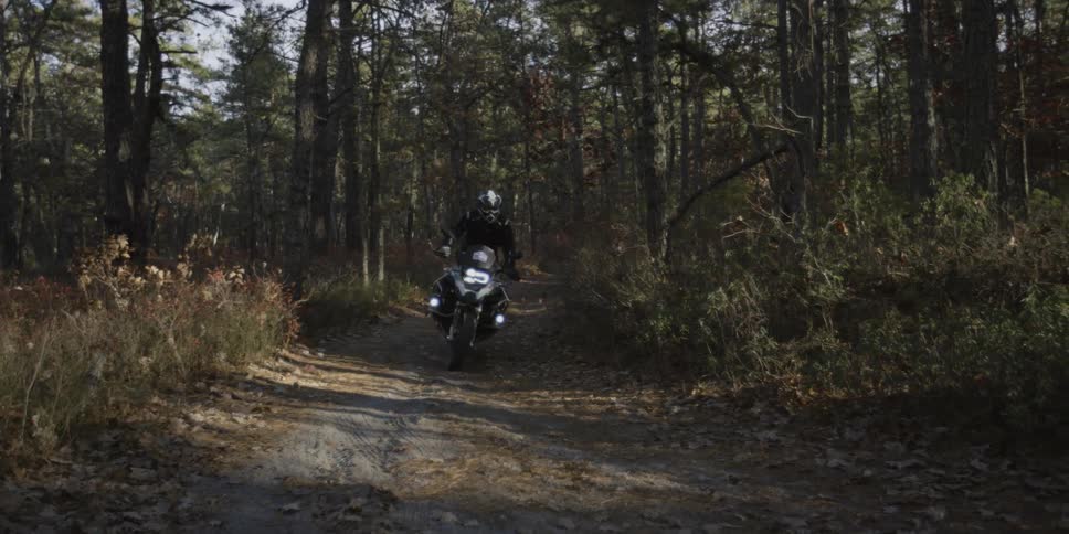 A man rides a motorcycle down a woodland trail