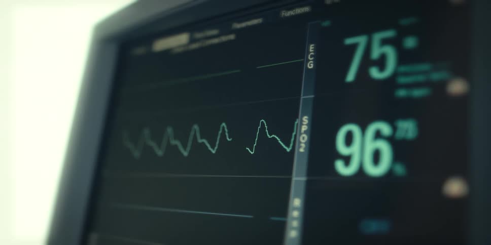 A closeup of a medical monitor screen displaying vital signs