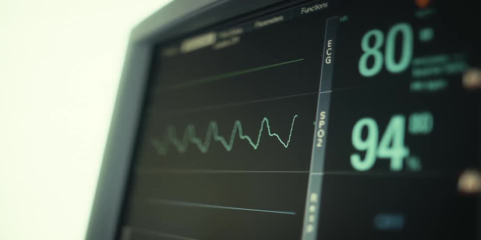 A vital signs monitor showing heart rate and blood oxygen values