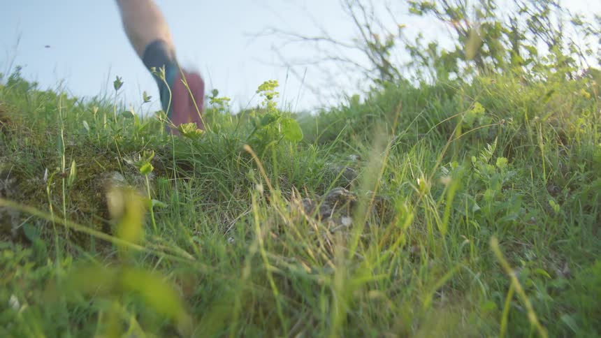 Male runner runs up a grass covered slope on a sunny summer day