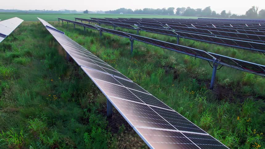Rows of solar panels stand in a green field on a misty summer day