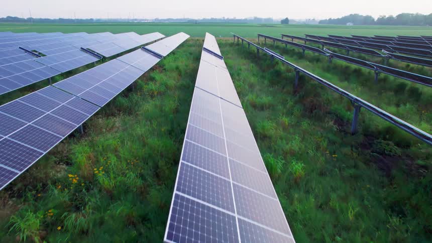 Solar panels stretch across a grassy plain in a rural area