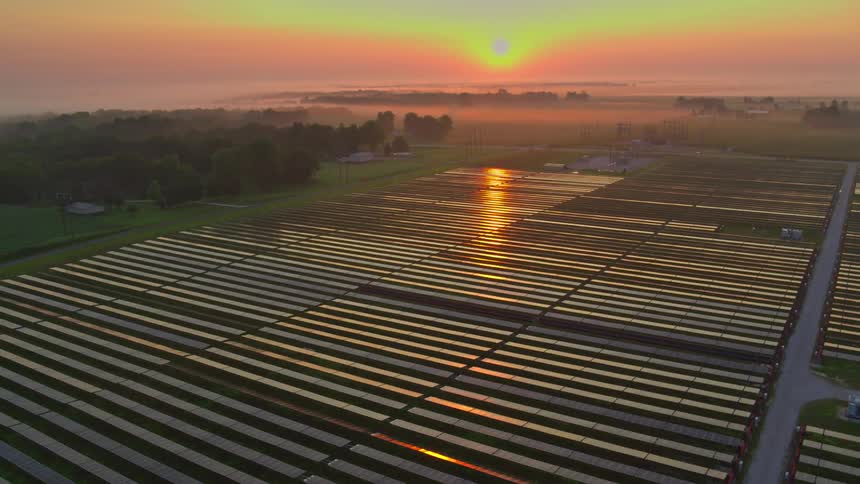 A huge field full of solar panels and the sun is shining in the sky