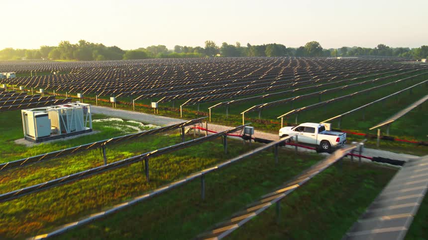 A white pickup truck drives through a solar panel farm