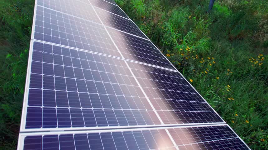 Sunlight hits the solar panels