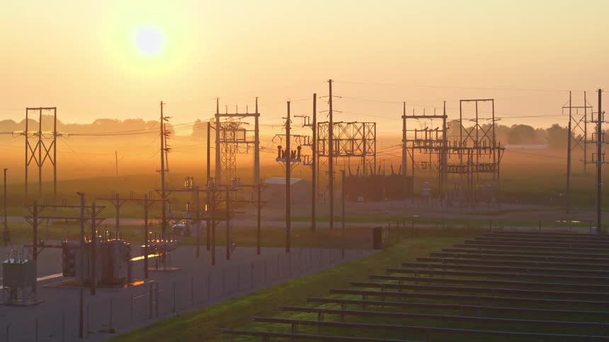 Aerial view of a power station with solar panels and the sunrise on the horizon
