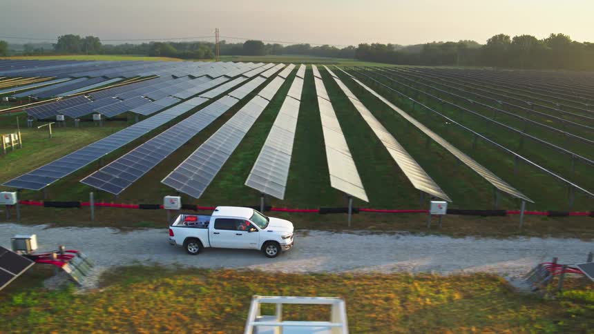 Aerial view of a solar farm with a white pickup truck driving through