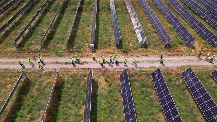 Aerial view of workers walking through rows of solar panels