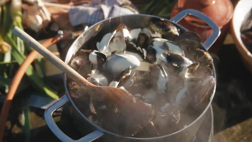 A person seasons and pours white cream into a pot of oysters cooking outdoors
