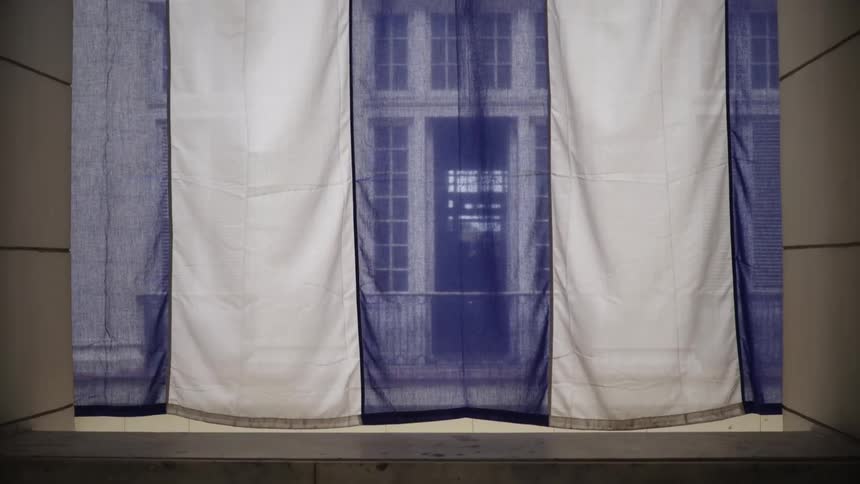 A flag breezes in the wind outside a window