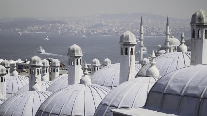 Large white domed buildings in a city by the sea