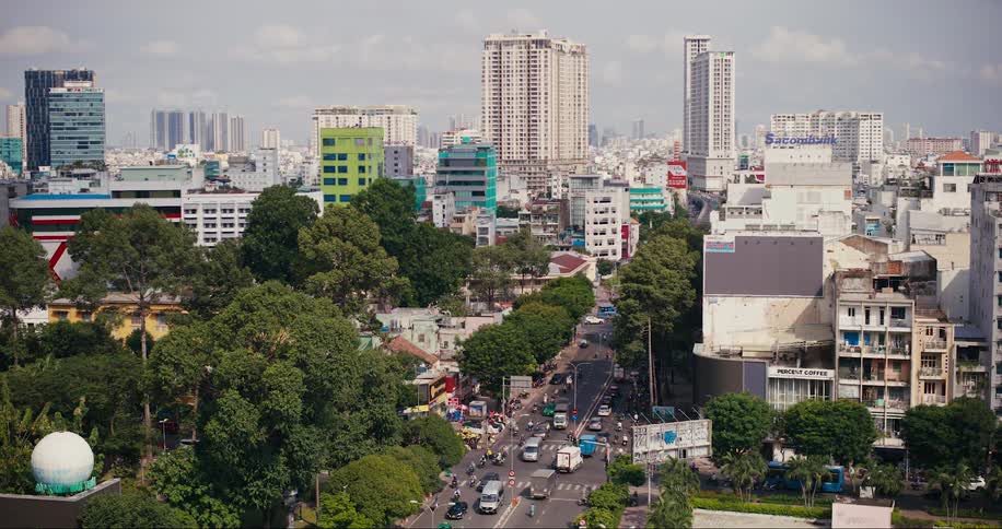 Heavy traffic cutting through a treelined city