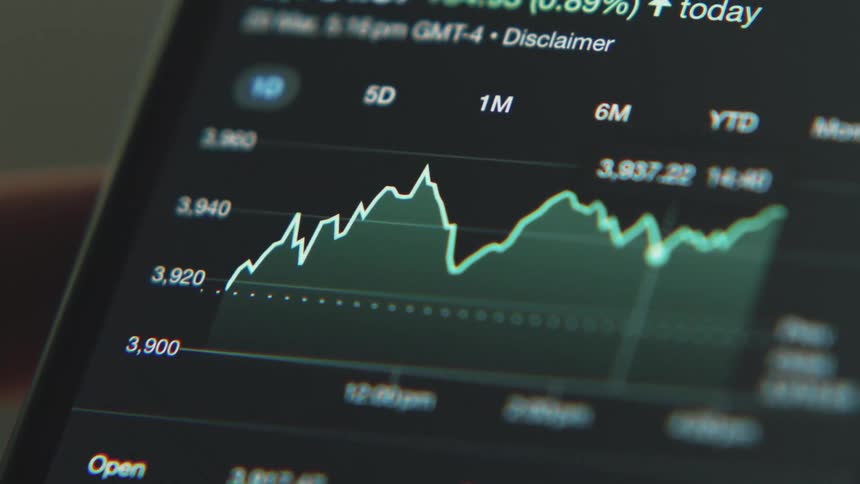 A close up of a cell phone screen with a graph displayed and numbers
