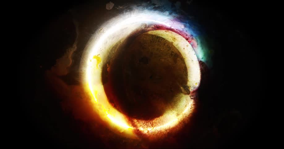 A spinning bright colorful circle surrounded by dark clouds